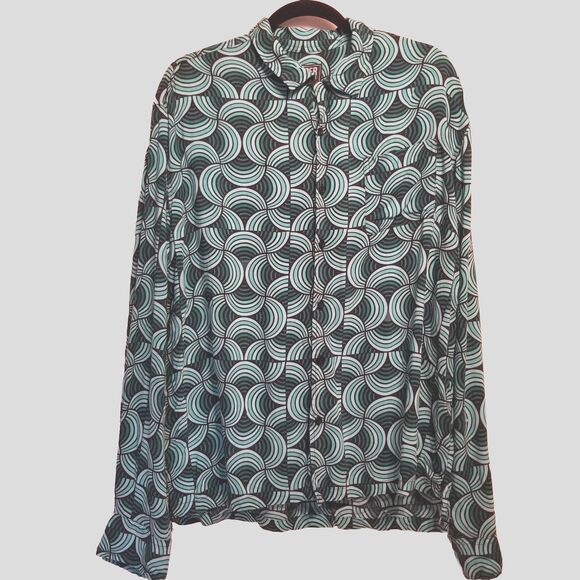 Super Massive Mens Large Geometric Green Swirl Button Up Eclectic Maximalist - Picture 1 of 7